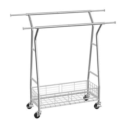Rolling Clothes Rack, 2 Rods, Basket, 150 kg Capacity
