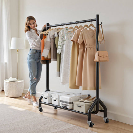 Rolling Clothes Rack, Carbon Steel, 90 kg, Shelves, Hooks