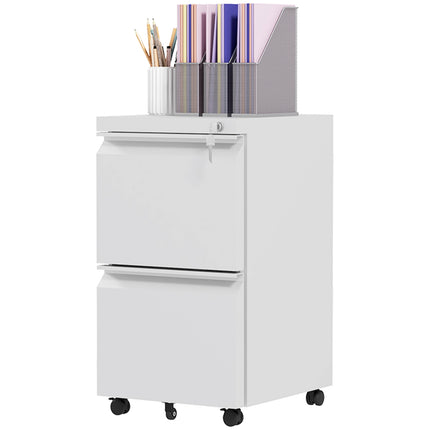 Rolling white filing cabinet in steel with 2 drawers, lockable