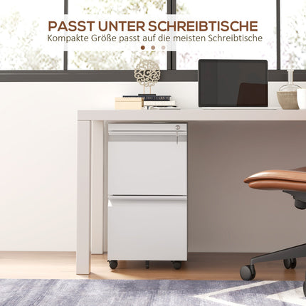 Rolling white filing cabinet in steel with 2 drawers, lockable