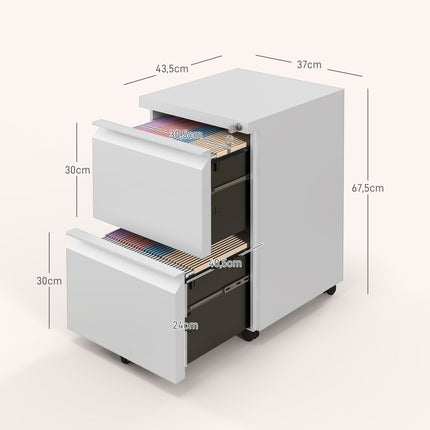 Rolling white filing cabinet in steel with 2 drawers, lockable