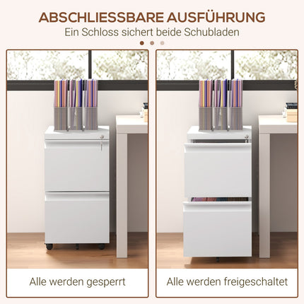Rolling white filing cabinet in steel with 2 drawers, lockable