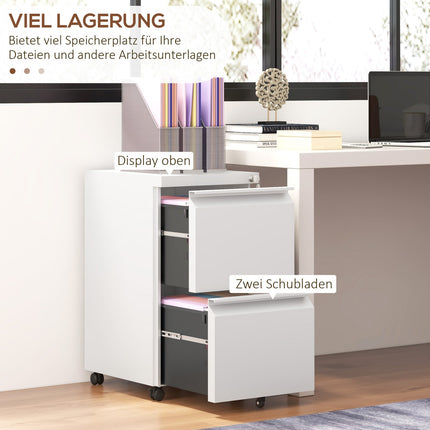 Rolling white filing cabinet in steel with 2 drawers, lockable