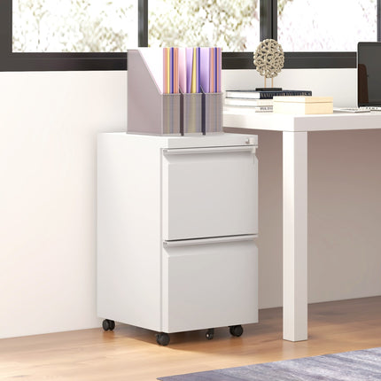 Rolling white filing cabinet in steel with 2 drawers, lockable