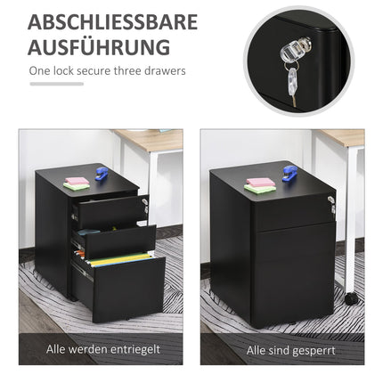 Mobiler Stahl-Rollcontainer mit 3 Schubladen, Schwarz 39x48x59 cm