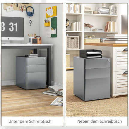 Grauer, rollbarer Aktenschrank mit abschließbaren Schubladen