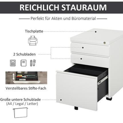 Office cabinet with 3 drawers, steel, white, mobile