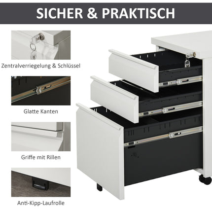 Office cabinet with 3 drawers, steel, white, mobile