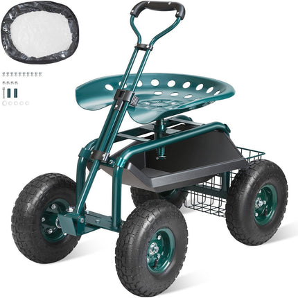 Rolling Garden Cart Seat, 360 Swivel, 10-Inch Tires