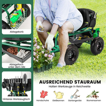 Rolling Garden Seat with Storage, Adjustable, Green