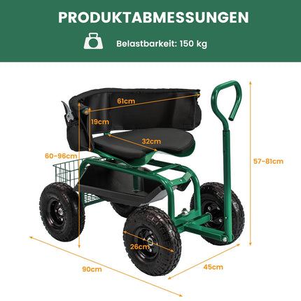 Rolling Garden Seat with Storage, Adjustable, Green