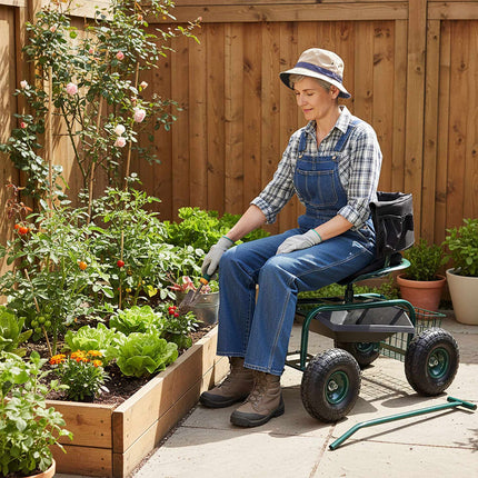 Rollbarer Gartensitz mit Stauraum und verstellbarer Höhe