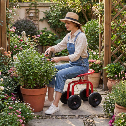 Rolling Garden Seat with Swivel & Adjustable Height, Red