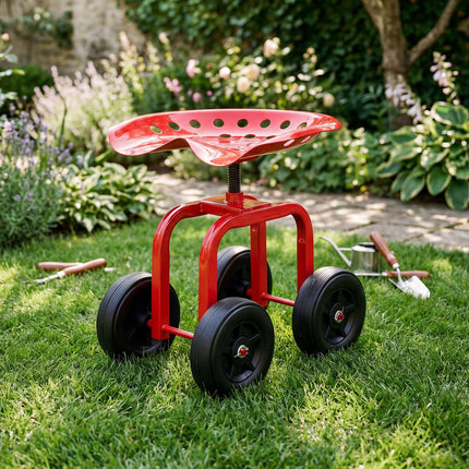 Rolling Garden Seat with Swivel & Adjustable Height, Red