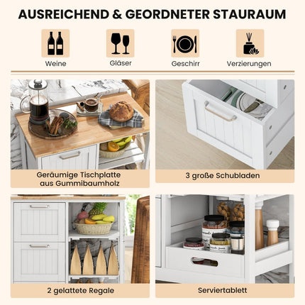 Rollbarer Kücheninselwagen mit 2 Ablageflächen, Weiß