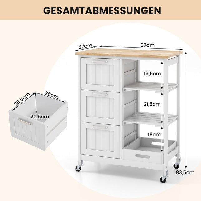Rollbarer Kücheninselwagen mit 2 Ablageflächen, Weiß