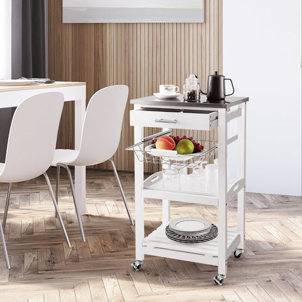 Rolling Kitchen Island Cart with Stainless Steel Top, White