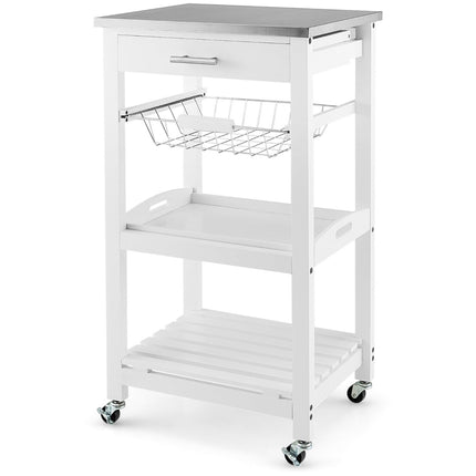 Rolling Kitchen Island Cart with Stainless Steel Top, White