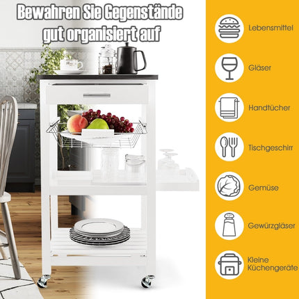 Rolling Kitchen Island Cart with Stainless Steel Top, White