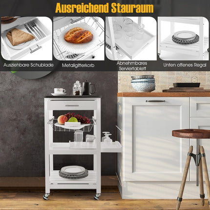 Rolling Kitchen Island Cart with Stainless Steel Top, White