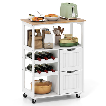 Rolling Kitchen Island Cart with Wood Top & Wine Rack