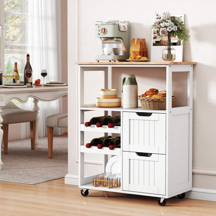 Rolling Kitchen Island Cart with Wood Top & Wine Rack