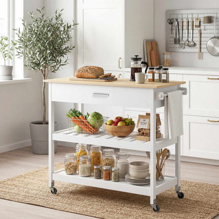 Rolling Kitchen Island with Storage, Large Countertop, White