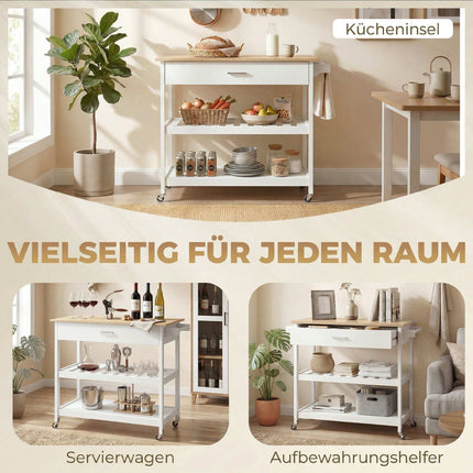 Rolling Kitchen Island with Storage, Large Countertop, White