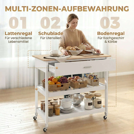 Rolling Kitchen Island with Storage, Large Countertop, White