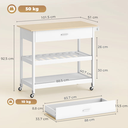Rolling Kitchen Island with Storage, Large Countertop, White