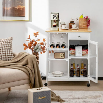 Rolling Kitchen Trolley With Wine Rack, Drawer, Cabinet