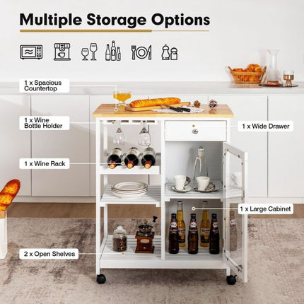 Rolling Kitchen Trolley With Wine Rack, Drawer, Cabinet