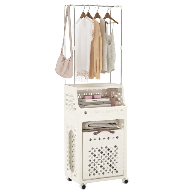 Wäschekorb auf Rollen mit Kleiderstange, faltbar, Beige, 30L