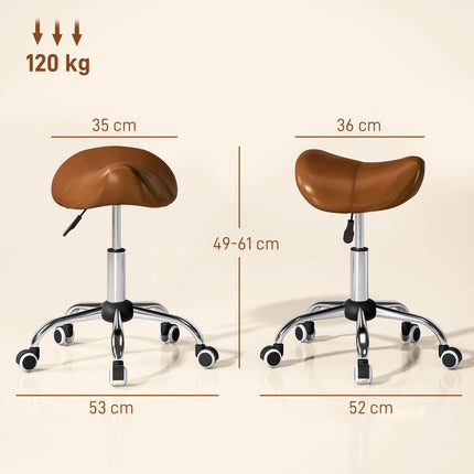 Rolling Saddle Stool Height Adjustable 49-61 cm, 360° Swivel, Brown