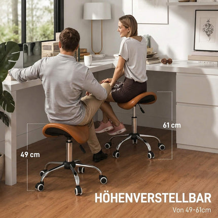 Rolling Saddle Stool Height Adjustable 49-61 cm, 360° Swivel, Brown