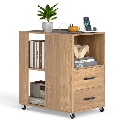 Rolling Side Table with Charging Station & Storage