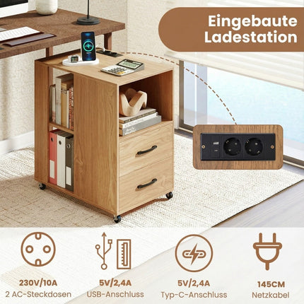Rolling Side Table with Charging Station & Storage