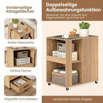 Rolling Side Table with Charging Station & Storage