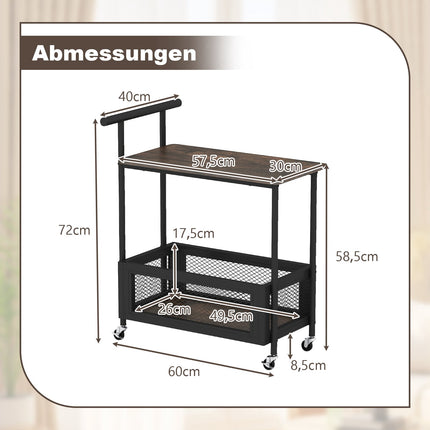 Rolling Side Table with Handle, 2-Tier Storage, Black