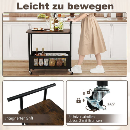 Rolling Side Table with Handle, 2-Tier Storage, Black