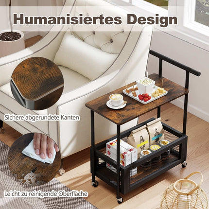 Rolling Side Table with Handle, 2-Tier Storage, Black