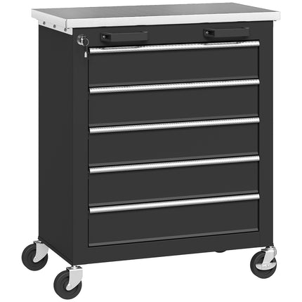 Rollender Werkzeugschrank, 5 Schubladen, Silber/Schwarz