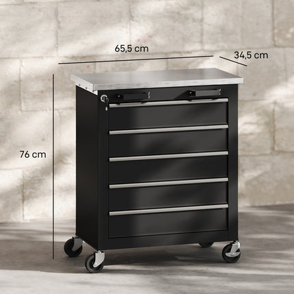 Rollender Werkzeugschrank, 5 Schubladen, Silber/Schwarz