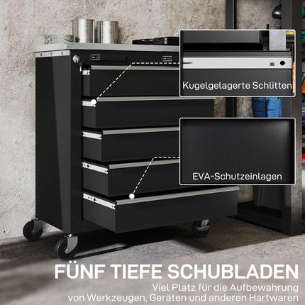 Rollender Werkzeugschrank, 5 Schubladen, Silber/Schwarz