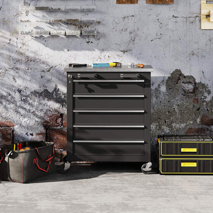 Rollender Werkzeugschrank, 5 Schubladen, Silber/Schwarz