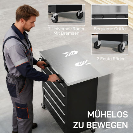 Rollender Werkzeugschrank, 5 Schubladen, Silber/Schwarz