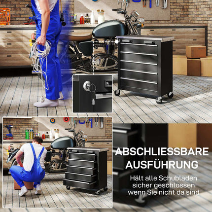 Rollender Werkzeugschrank, 5 Schubladen, Silber/Schwarz