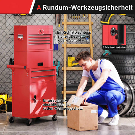 Rollender Werkzeugschrank aus Stahl, abschließbar, 6 Schubladen, 2 Schränke, Rot