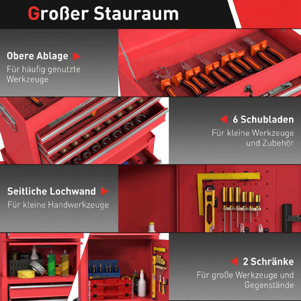 Rollender Werkzeugschrank aus Stahl, abschließbar, 6 Schubladen, 2 Schränke, Rot