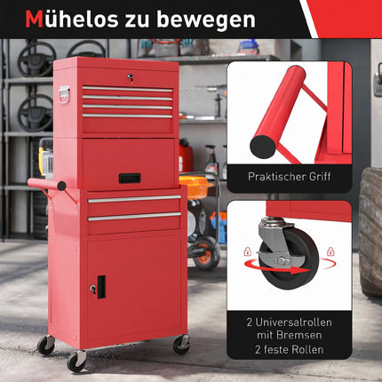 Rollender Werkzeugschrank aus Stahl, abschließbar, 6 Schubladen, 2 Schränke, Rot